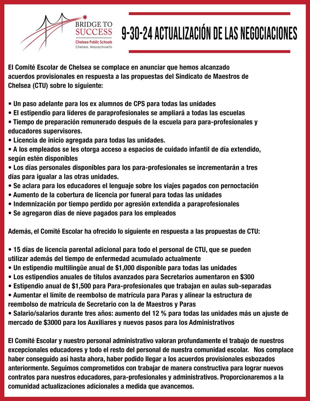 One-page graphic written in Spanish with updated information about the status of Contract Negotiations with the CTU One-page graphic written in Spanish with updated information about the status of Contract Negotiations with the CTU